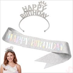 Happy Birthday Taç ve Kuşak Seti - Gümüş