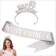Happy Birthday Taç ve Kuşak Seti - Gümüş
