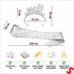 Happy Birthday Taç ve Kuşak Seti - Gümüş