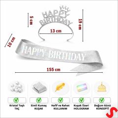 Happy Birthday Taç ve Kuşak Seti - Gümüş
