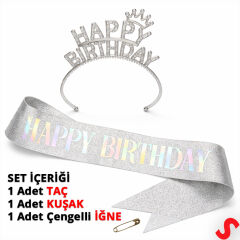 Happy Birthday Taç ve Kuşak Seti - Gümüş