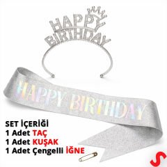 Happy Birthday Taç ve Kuşak Seti - Gümüş