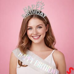 Happy Birthday Taç ve Kuşak Seti - Gümüş