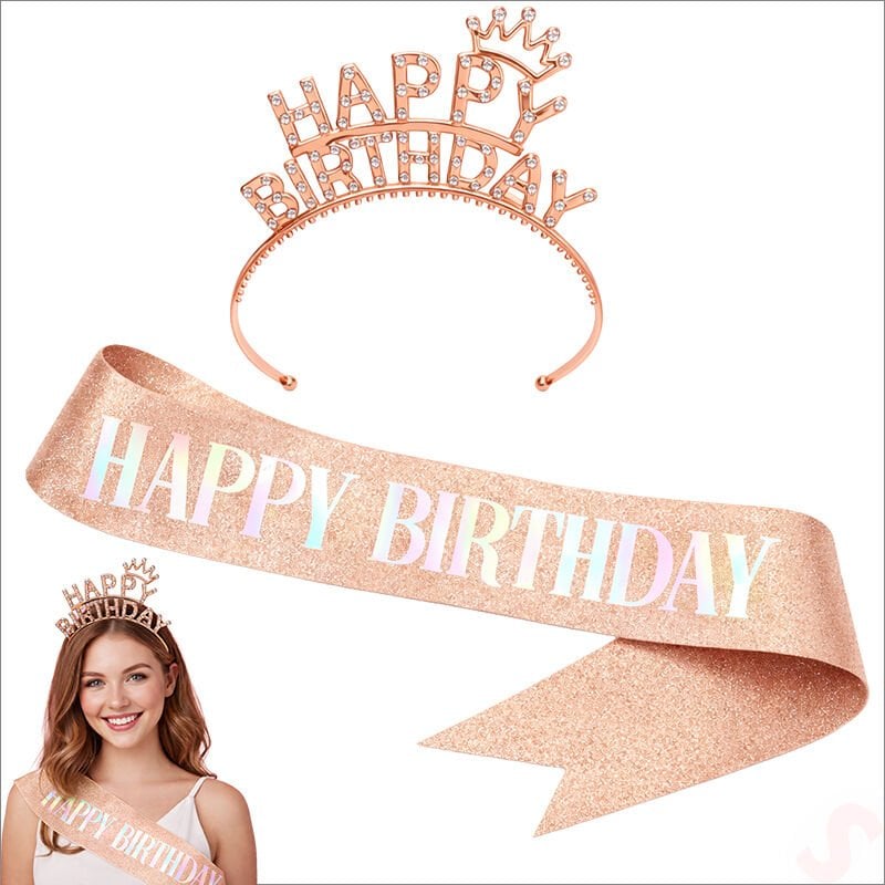 Happy Birthday Taç ve Kuşak Seti - Rose Gold