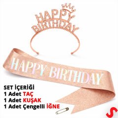 Happy Birthday Taç ve Kuşak Seti - Rose Gold