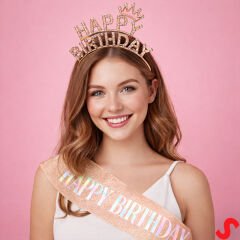 Happy Birthday Taç ve Kuşak Seti - Rose Gold