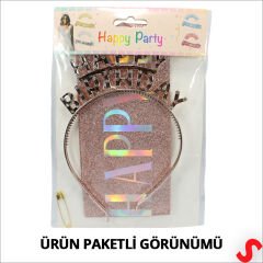 Happy Birthday Taç ve Kuşak Seti - Rose Gold