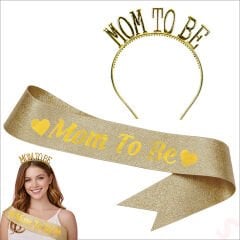Mom To Be Taç ve Kuşak Seti - Altın