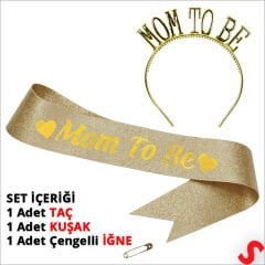 Mom To Be Taç ve Kuşak Seti - Altın