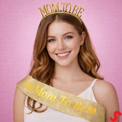 Mom To Be Taç ve Kuşak Seti - Altın