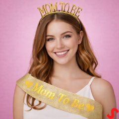 Mom To Be Taç ve Kuşak Seti - Altın