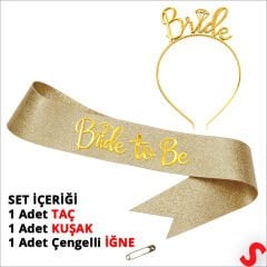 Bride Taç ve Bride To Be Kuşak Seti - Altın