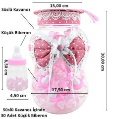 Süslü Büyük Kavanoz ve Biberon Seti, 30 Adet, Pembe