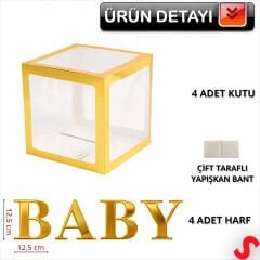 Baby Yazılı Şeffaf Balon Kutusu, 30cm x 4 Adetli Set - Altın