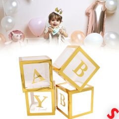 Baby Yazılı Şeffaf Balon Kutusu, 30cm x 4 Adetli Set - Altın