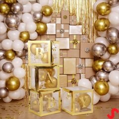 Baby Yazılı Şeffaf Balon Kutusu, 30cm x 4 Adetli Set - Altın