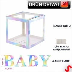 Baby Yazılı Şeffaf Balon Kutusu, 30cm x 4 Adetli Set - Gökkuşağı