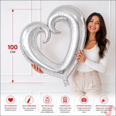 İçi Boş Kalp Folyo Balon, 100 cm - Gümüş