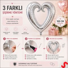 İçi Boş Kalp Folyo Balon, 100 cm - Gümüş
