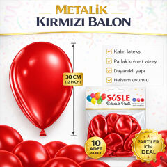 Metalik Parlak Balon, 30 cm x 10 Adet - Kırmızı