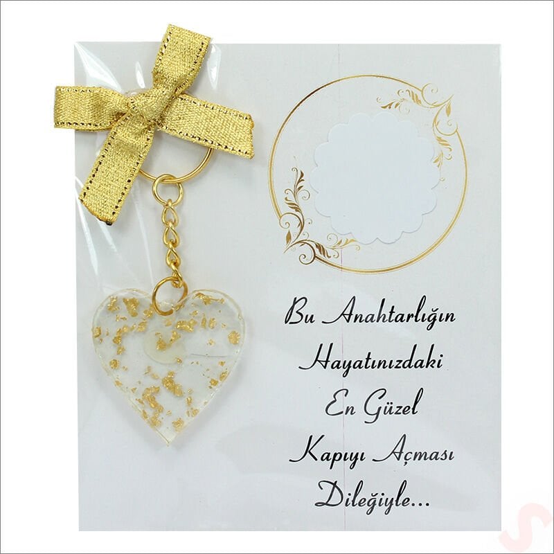 Kartlıklı Epoksi Kalp Anahtarlık, Altın - 1 Adet