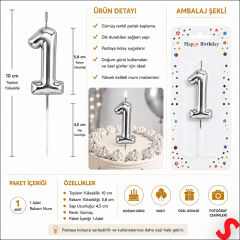 1 Rakam Mum Gümüş - 10 cm