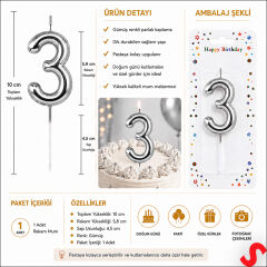3 Rakam Mum Gümüş - 10 cm