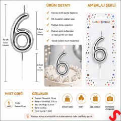 6 Rakam Mum Gümüş - 10 cm