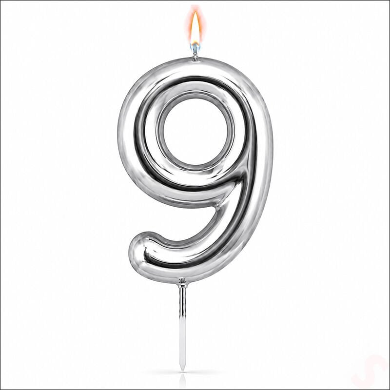 9 Rakam Mum Gümüş - 10 cm