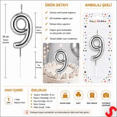 9 Rakam Mum Gümüş - 10 cm