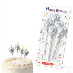 Çubuklu Metalik Gümüş Kalp Mum - 13 cm x 4 Adet