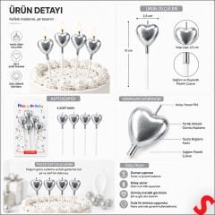 Çubuklu Metalik Gümüş Kalp Mum - 13 cm x 4 Adet