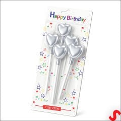 Çubuklu Metalik Gümüş Kalp Mum - 13 cm x 4 Adet