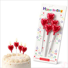Çubuklu Metalik Kırmızı Kalp Mum - 13 cm x 4 Adet