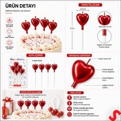 Çubuklu Metalik Kırmızı Kalp Mum - 13 cm x 4 Adet