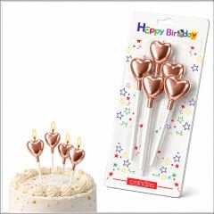 Çubuklu Metalik Rose Gold Kalp Mum - 13 cm x 4 Adet