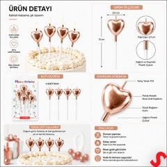 Çubuklu Metalik Rose Gold Kalp Mum - 13 cm x 4 Adet