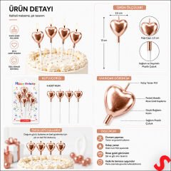 Çubuklu Metalik Rose Gold Kalp Mum - 13 cm x 4 Adet