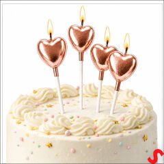 Çubuklu Metalik Rose Gold Kalp Mum - 13 cm x 4 Adet