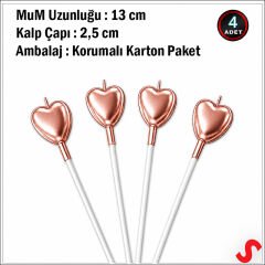 Çubuklu Metalik Rose Gold Kalp Mum - 13 cm x 4 Adet