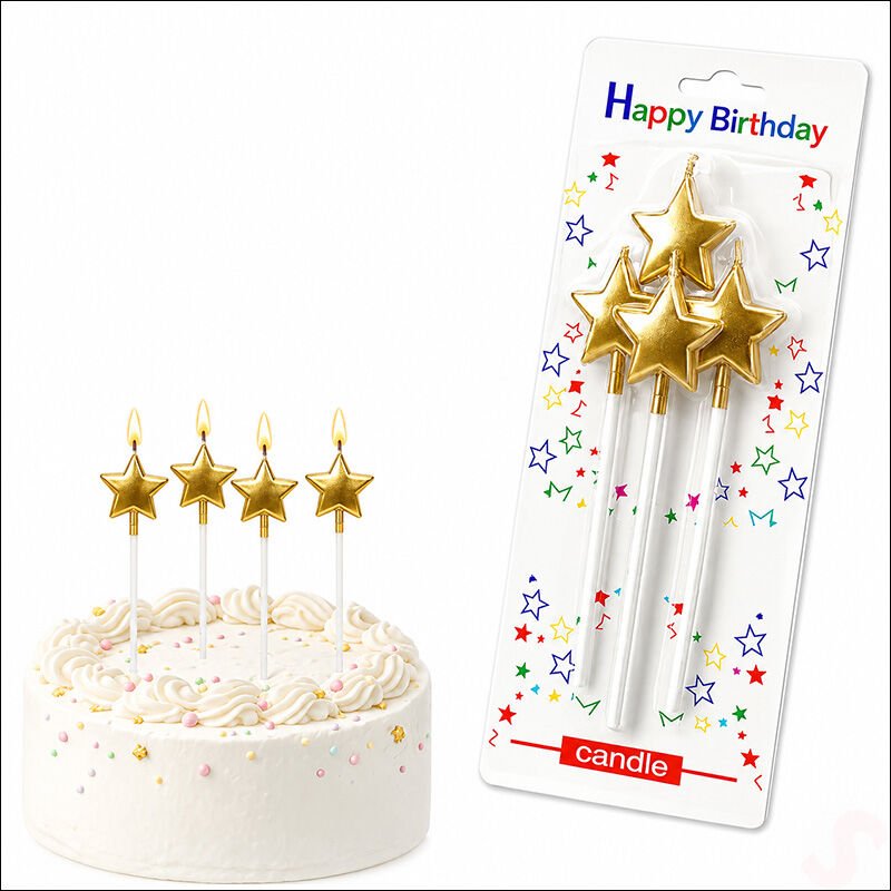 Çubuklu Metalik Altın Yıldız Mum - 14 cm x 4 Adet