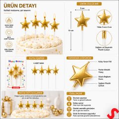 Çubuklu Metalik Altın Yıldız Mum - 14 cm x 4 Adet