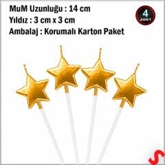 Çubuklu Metalik Altın Yıldız Mum - 14 cm x 4 Adet