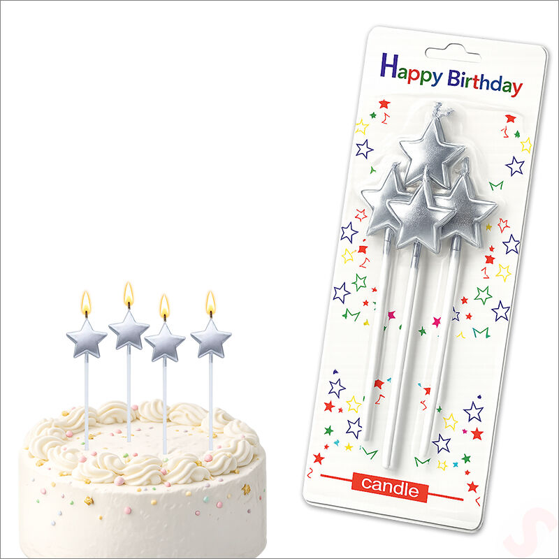 Çubuklu Metalik Gümüş Yıldız Mum - 14 cm x 4 Adet