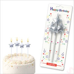 Çubuklu Metalik Gümüş Yıldız Mum - 14 cm x 4 Adet