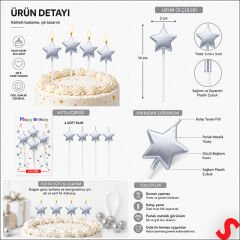 Çubuklu Metalik Gümüş Yıldız Mum - 14 cm x 4 Adet