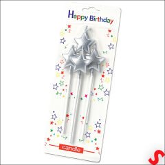Çubuklu Metalik Gümüş Yıldız Mum - 14 cm x 4 Adet