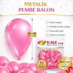 Metalik Parlak Balon, 30 cm x 10 Adet - Pembe