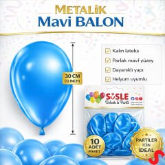 Metalik Parlak Balon, 30 cm x 10 Adet - Mavi
