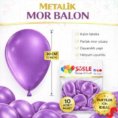 Metalik Parlak Balon, 30 cm x 10 Adet - Mor